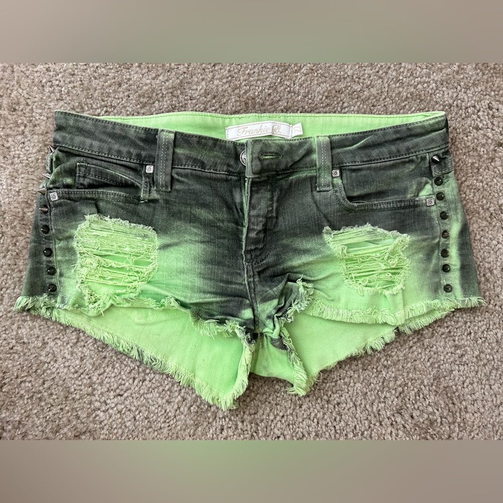 Frankie B Green/Black Studded Jean Shorts